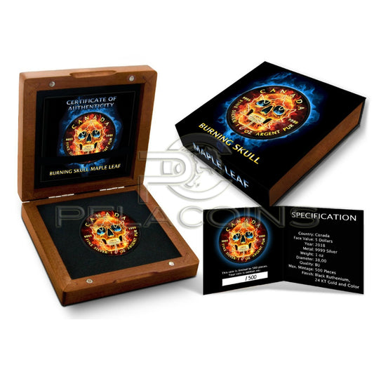 Canada 2018 5$ Burning Skull Maple Leaf 1oz Ruthenium plated
