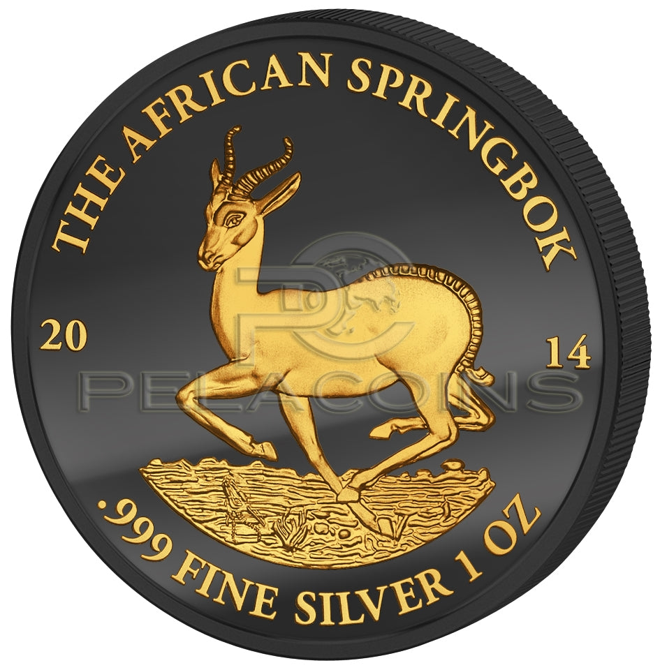Gabon 2014 1000 Francs African Springbok Golden Enigma 1oz Ruthenium Goldplated Silver Coin